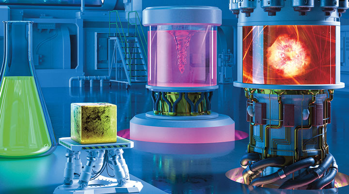 Laboratory showing containers holding different states of matter